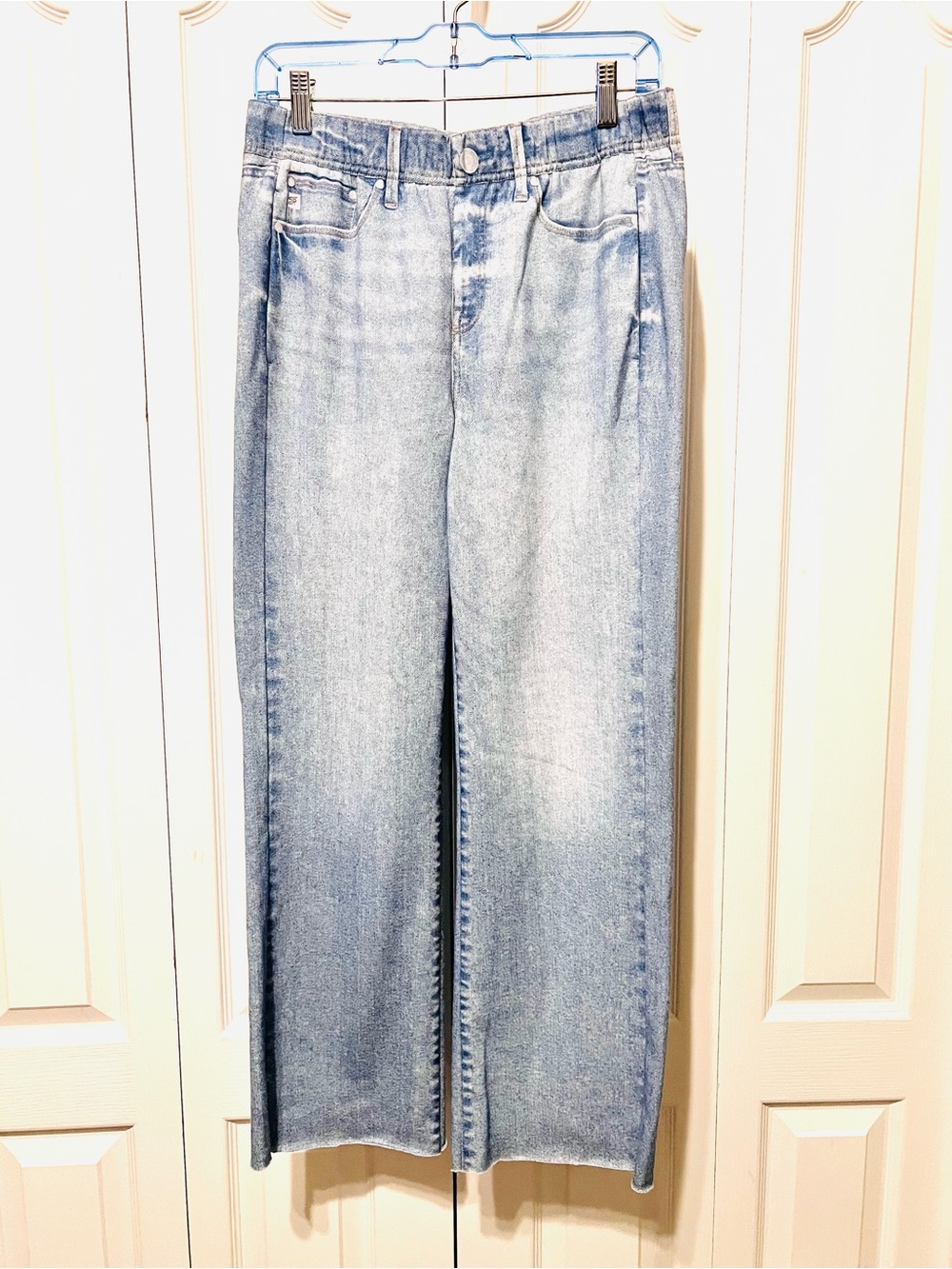 Seven7 Light Blue Denim Look Illusion Relaxed Pull On Small Wide-Leg Pants-Comfy